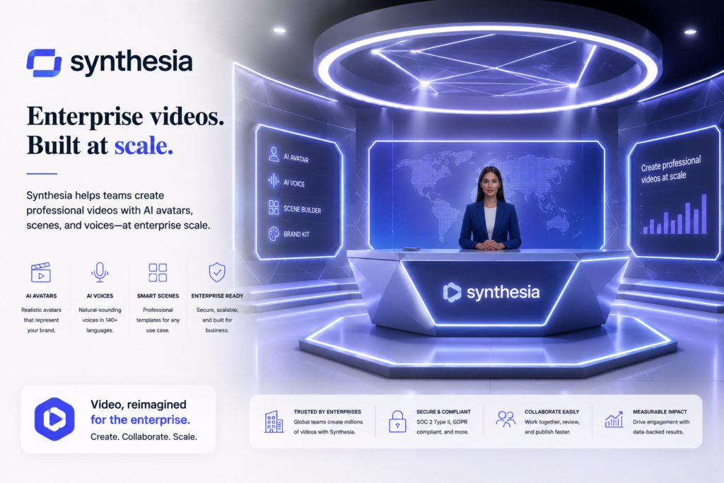 Synthesia AI enterprise video creation platform interface showcasing AI avatars, AI voices, scene builder, and enterprise-ready video production features for creating professional business videos at scale.