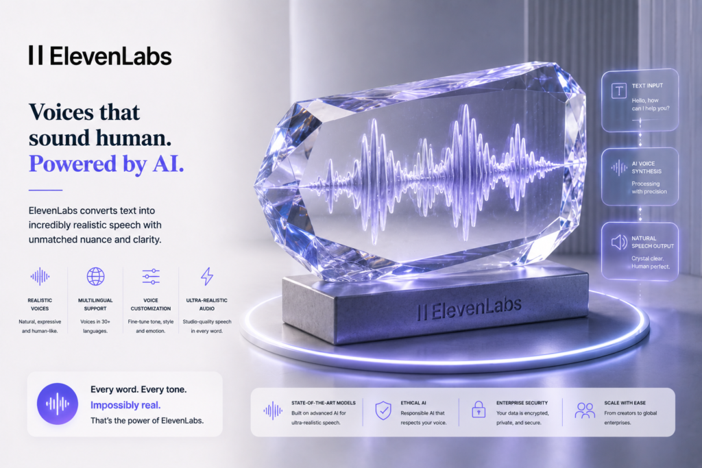 ElevenLabs AI voice generation platform illustration featuring a crystal soundwave visualization, text-to-speech workflow, multilingual voice synthesis, voice customization, and ultra-realistic AI speech technology.