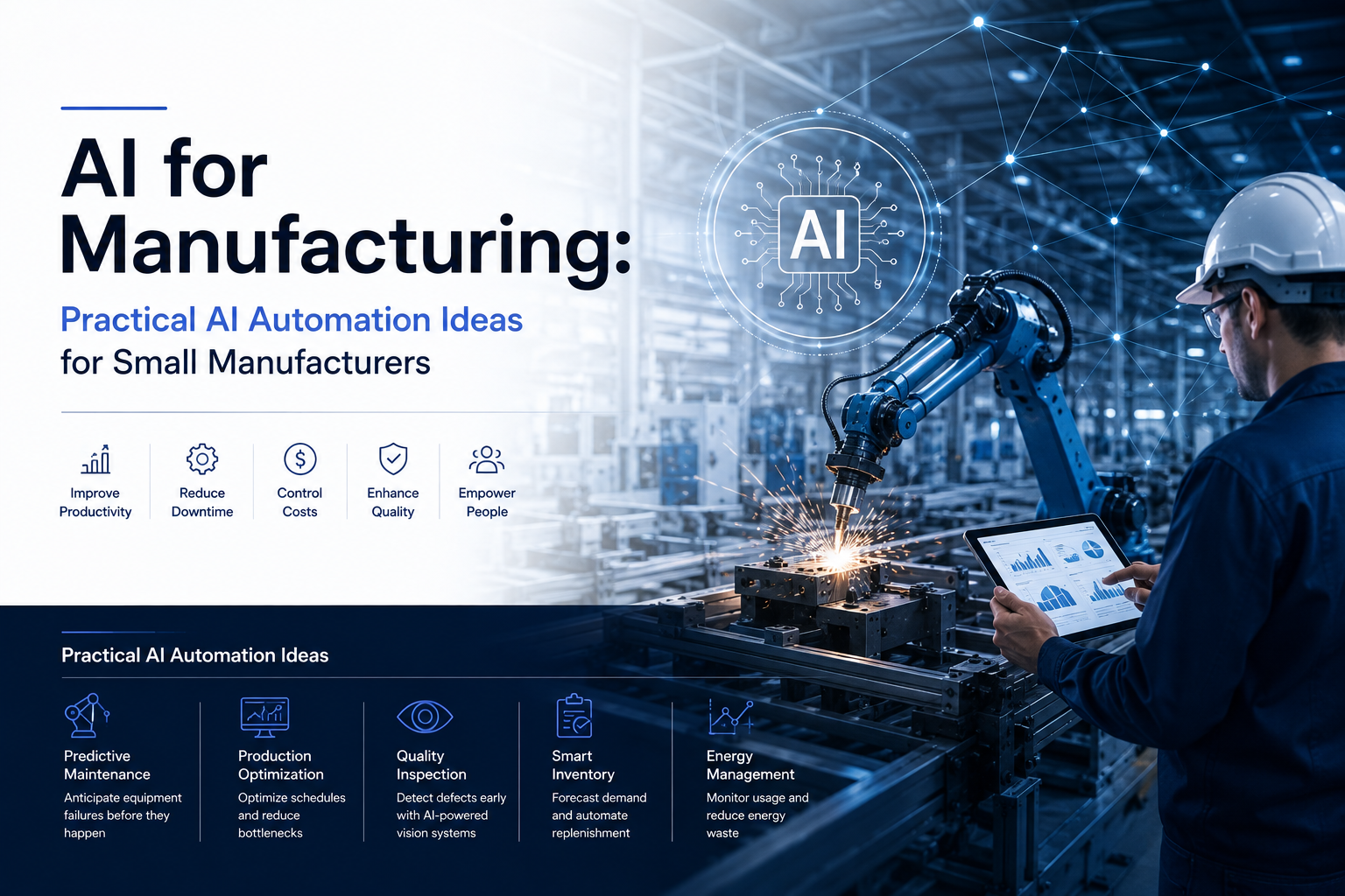 AI-powered manufacturing automation illustration showing a smart factory with an industrial robot, connected AI network, and engineer using a tablet to monitor production, predictive maintenance, quality inspection, inventory, and energy management.