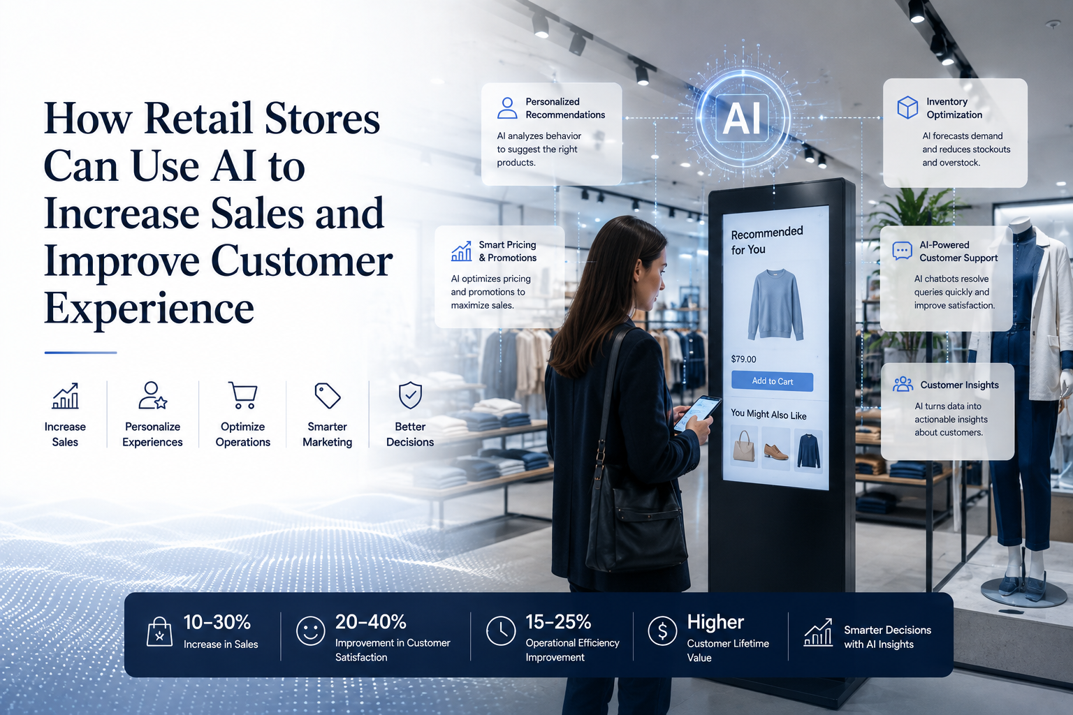 Professional illustration showing AI-powered retail automation with connected customer, inventory, analytics, and checkout systems to improve sales, personalization, and shopping experience.
