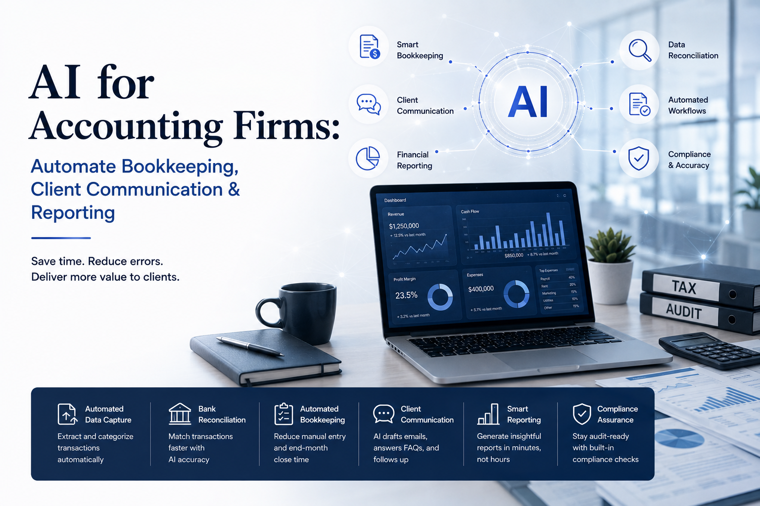 Editorial-style featured image illustrating AI automation for accounting firms, showing intelligent financial workflows connecting bookkeeping, client communication, reporting, invoices, analytics, and compliance in a clean, modern business environment