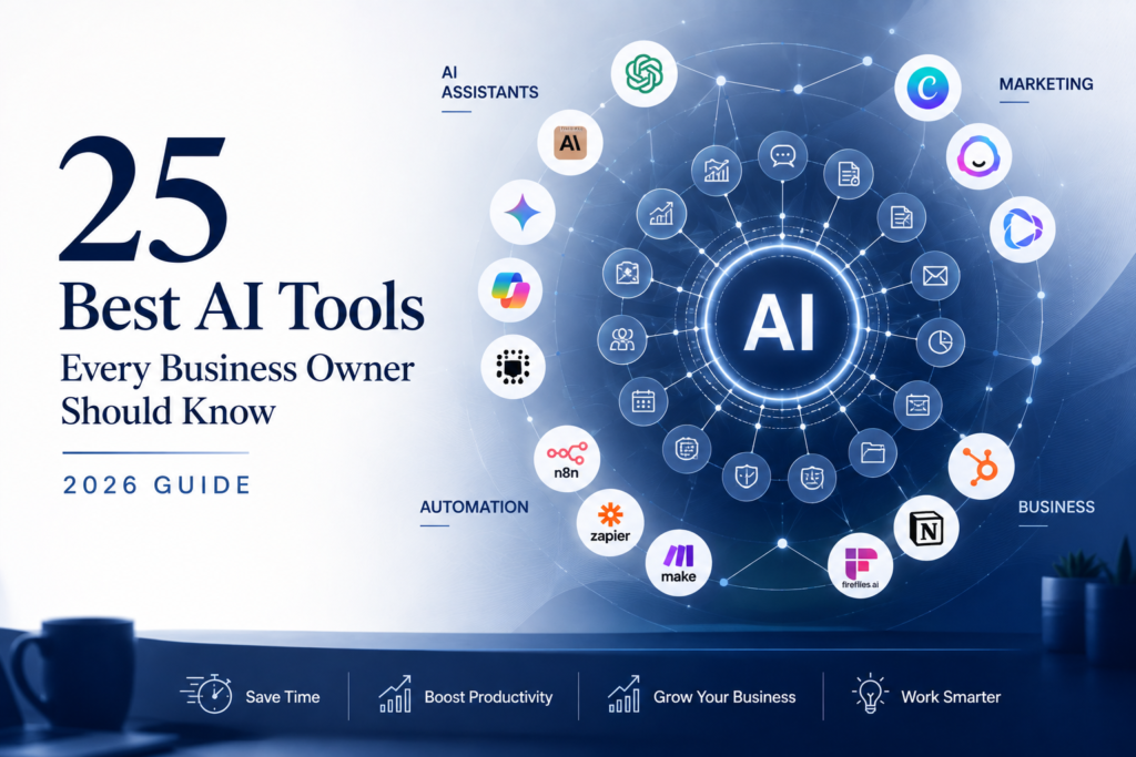 Editorial illustration showing an interconnected AI ecosystem with 25 leading AI tools organized around a central intelligence hub, representing AI assistants, automation, marketing, and business applications in a premium executive-style design.