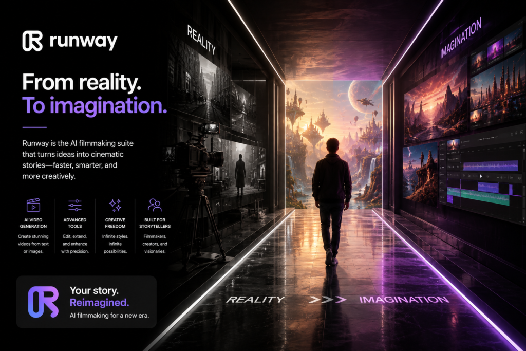 Runway AI filmmaking platform illustration showing a transition from real-world video production to AI-generated cinematic worlds, highlighting AI video generation, editing, and creative storytelling tools.