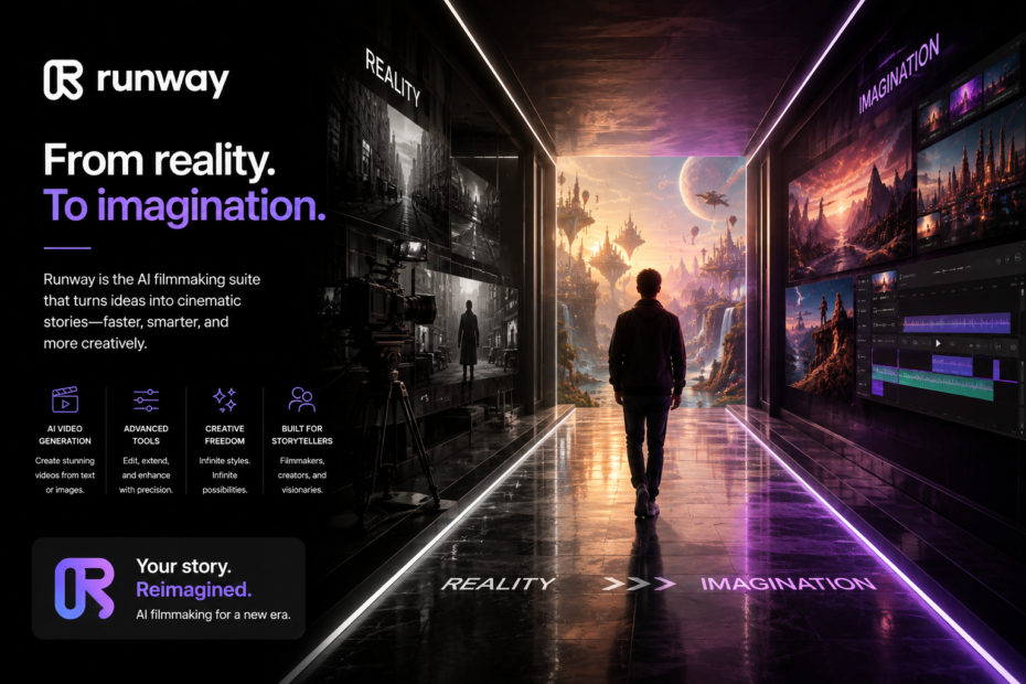 Runway Review: Runway AI filmmaking platform illustration showing a transition from real-world video production to AI-generated cinematic worlds, highlighting AI video generation, editing, and creative storytelling tools.