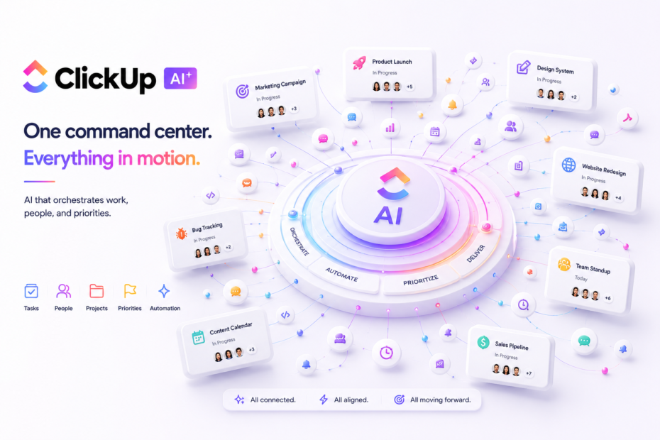 ClickUp AI Review : ClickUp AI workspace illustration showing a centralized project management dashboard that connects tasks, projects, teams, automation, and workflows through AI-powered orchestration and collaboration.
