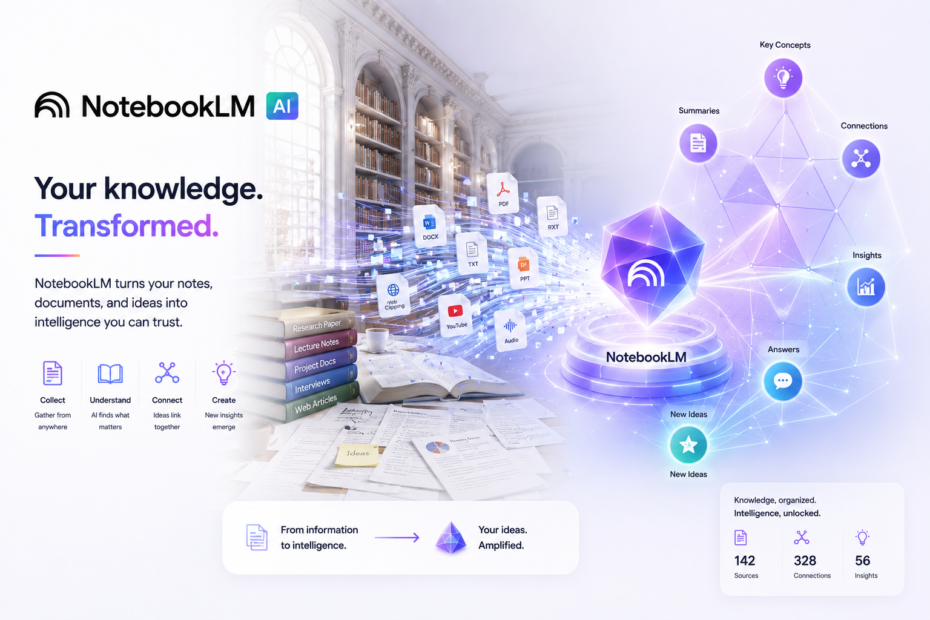 Google NotebookLM Review showing the AI knowledge assistant interface, documents, PDFs, notes, web content, and multimedia sources being transformed into connected insights, summaries, answers, and new ideas through AI.