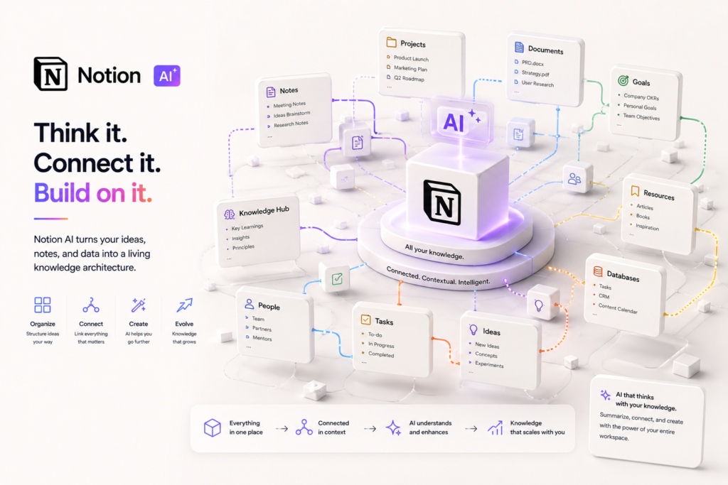 Notion AI interface showing a connected knowledge workspace where notes, projects, documents, tasks, databases, goals, and resources are linked through AI to organize information, automate workflows, and build a centralized knowledge management system.