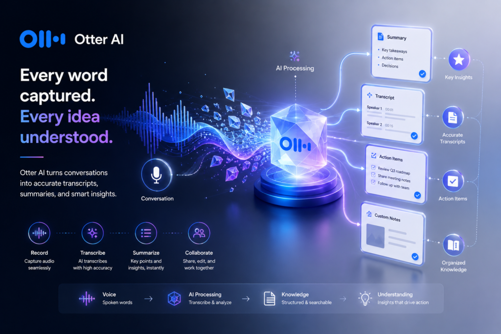 Otter AI interface showing how AI converts voice conversations into accurate transcripts, meeting summaries, action items, and searchable knowledge with automated speech processing.