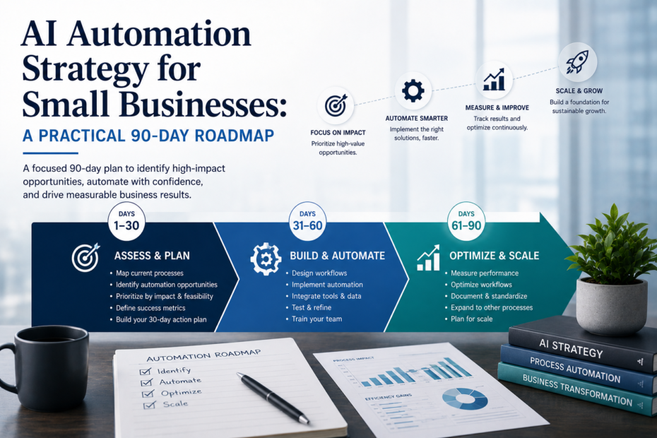 AI automation strategy for small businesses shown as a 90-day roadmap covering assess and plan, build and automate, and optimize and scale phases.