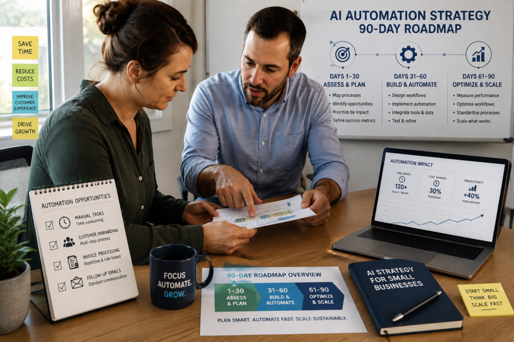 Two small business professionals reviewing an AI automation strategy and 90-day roadmap, with process opportunities, automation stages, and business impact metrics displayed around them.