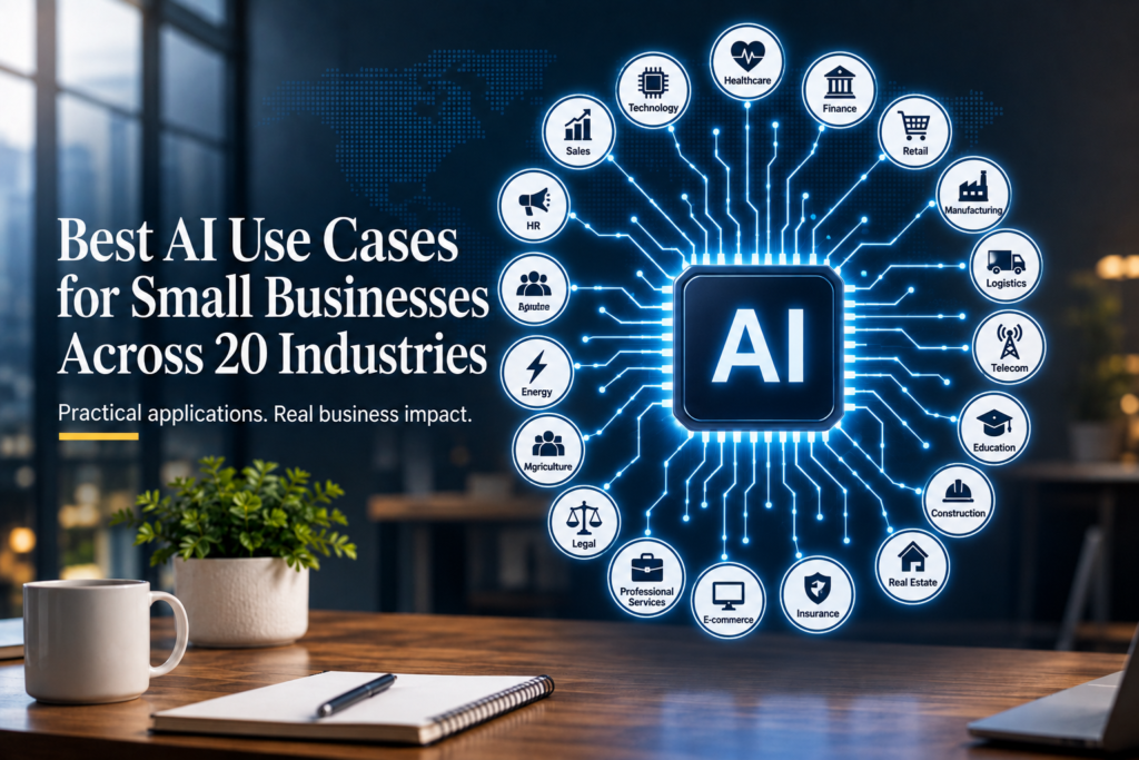 AI chip at the center connected by glowing circuits to circular industry icons representing 20 industries, illustrating practical AI use cases for small businesses.