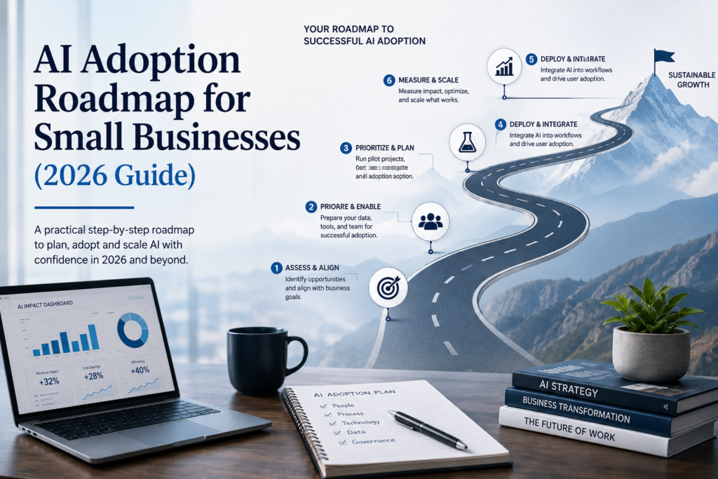AI adoption roadmap for small businesses showing a six-step path from assessing AI opportunities to measuring results and achieving sustainable growth.