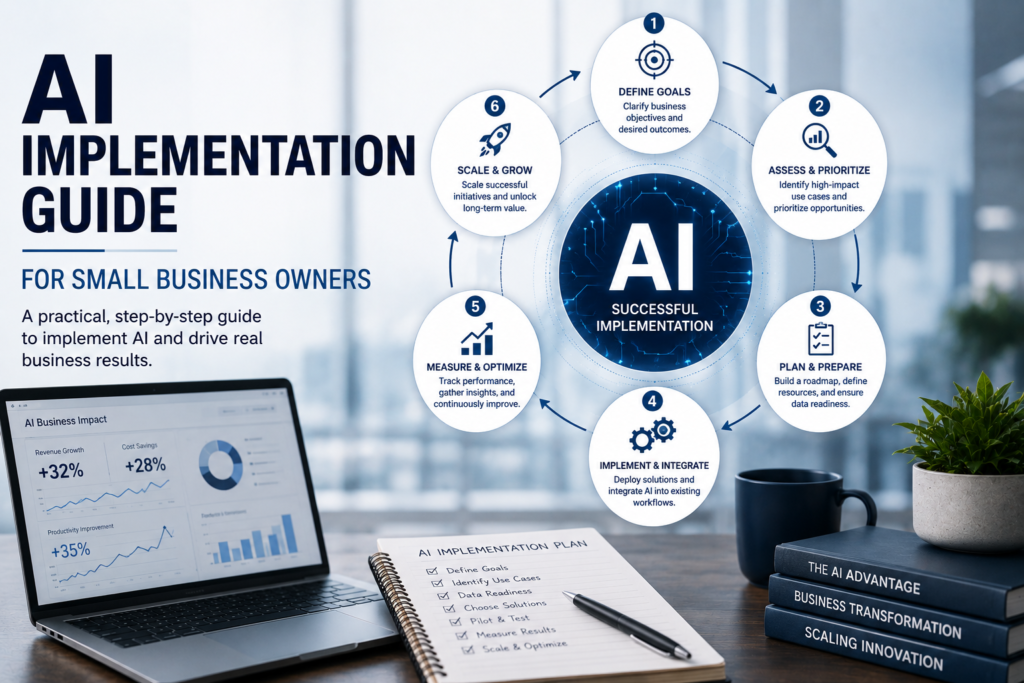 AI implementation guide for small business owners showing a six-step circular roadmap from defining goals and prioritizing use cases to implementation, measurement, and scaling.