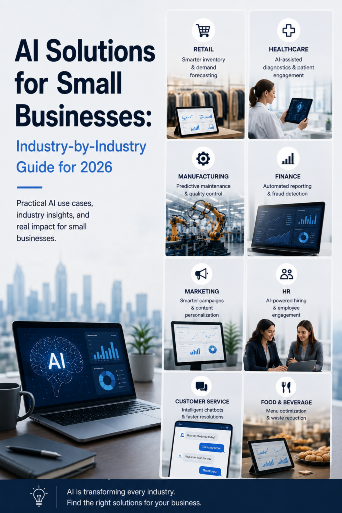 AI solutions for small businesses across industries, illustrated with a central AI concept connected to industry-specific business applications.