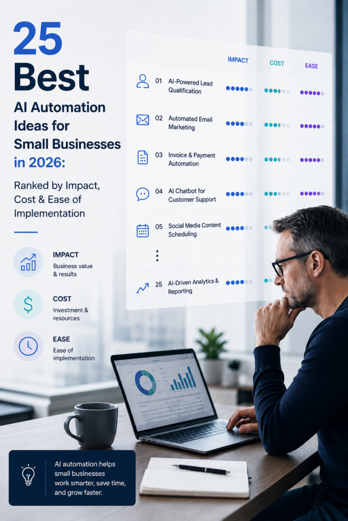 AI automation ideas for small businesses ranked by impact, cost, and ease of implementation in 2026.