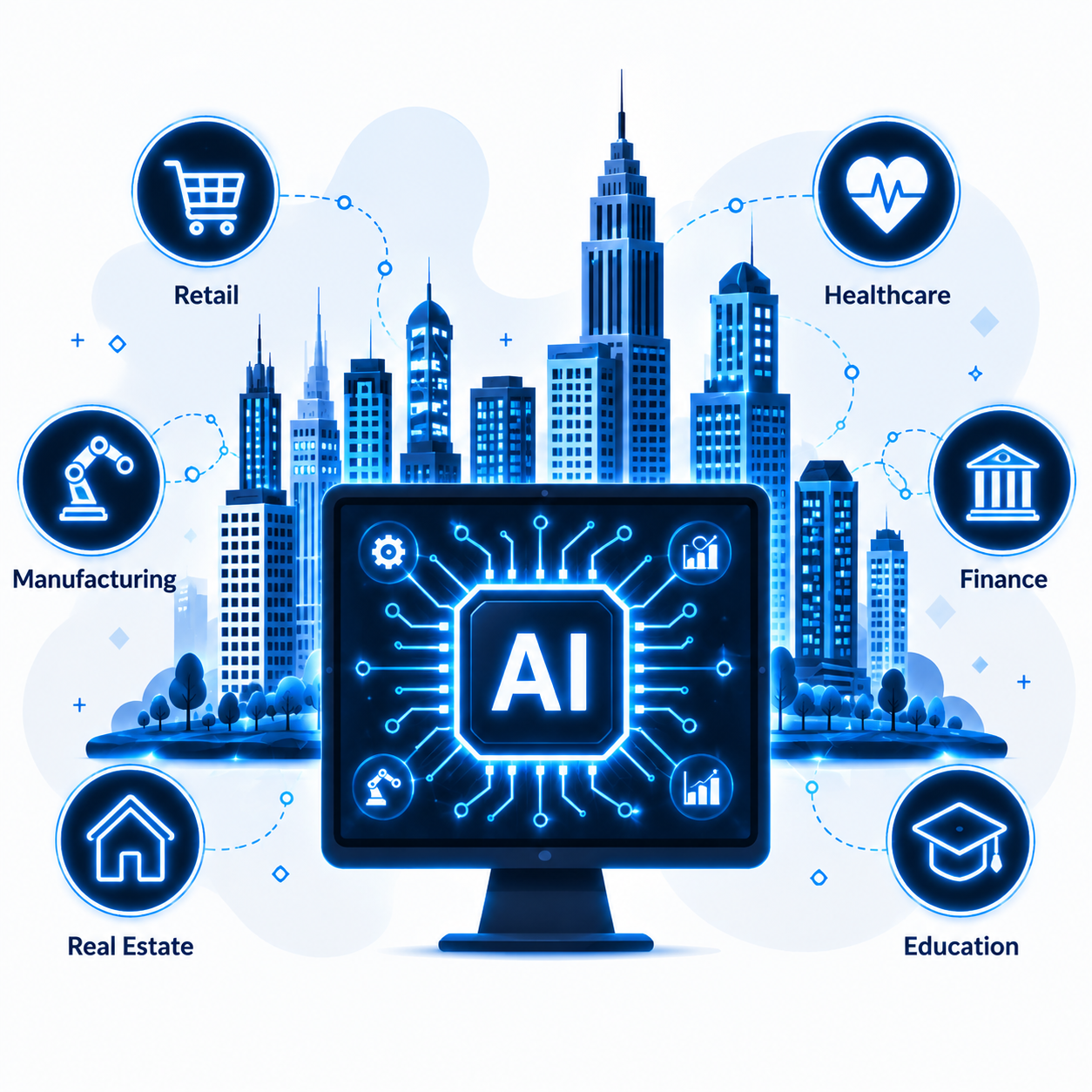 AI-powered business solutions across industries including retail, healthcare, manufacturing, finance, real estate, and education, connected through a central AI technology platform.