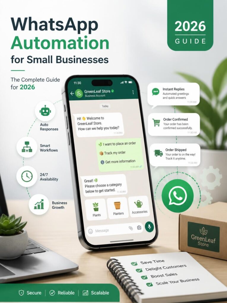 WhatsApp Business automation interface on a smartphone with automated replies, order updates, and workflow icons for small business customer support.