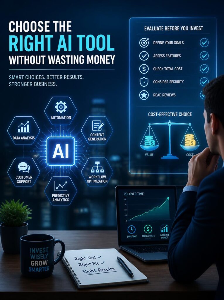 Business professional evaluating AI tools on a digital dashboard with a checklist, ROI chart, and AI application categories for informed software selection.