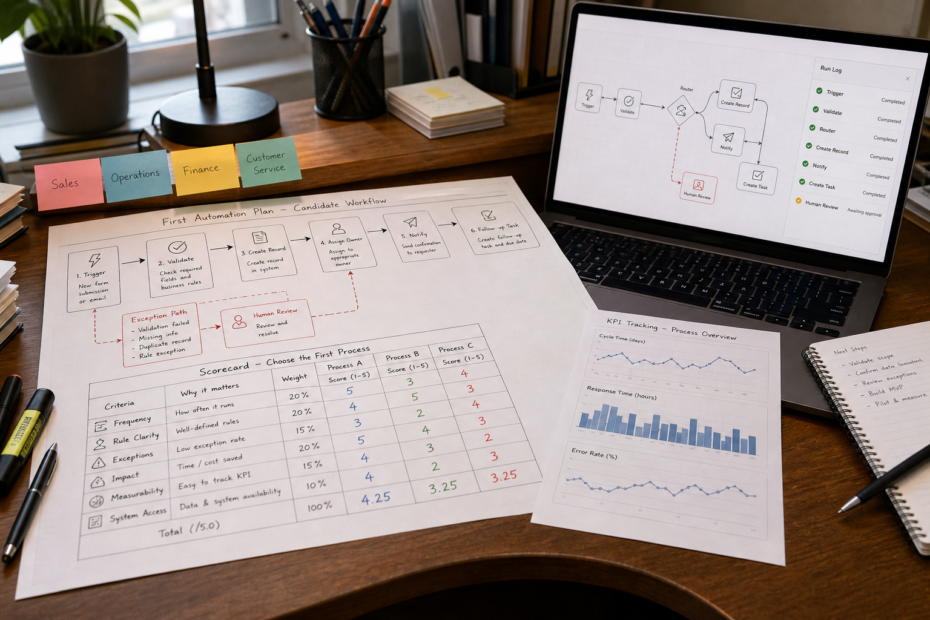Small business manager mapping a business process automation workflow and reviewing an automation flow on a laptop
