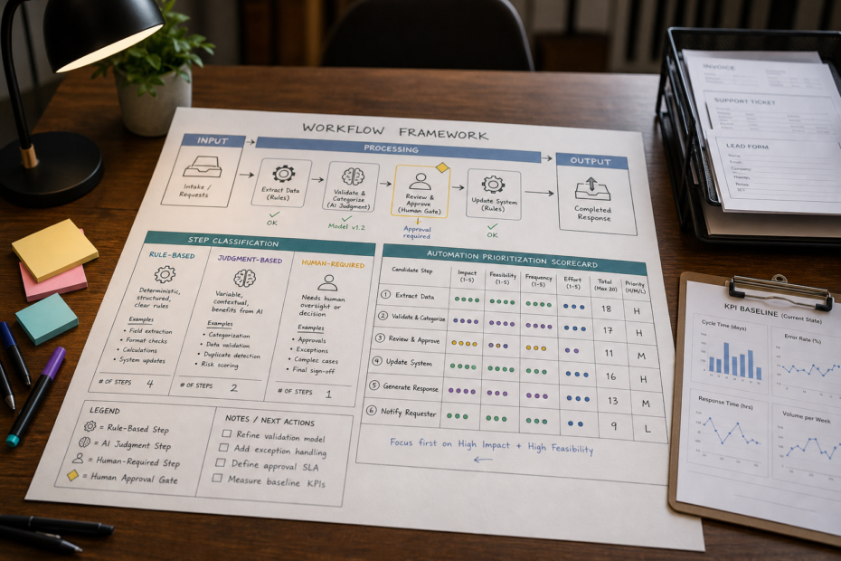 Small business operations manager mapping an AI workflow automation process and deciding which steps to automate first