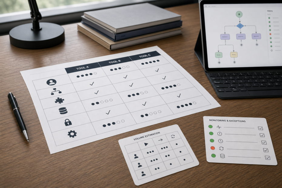 Operations manager comparing an automation platform using a decision matrix and workflow diagram to choose between Zapier, Make, and n8n