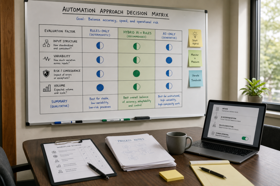 Operations manager comparing AI automation vs traditional automation using a workflow map and laptop flow diagram in a small business setting.