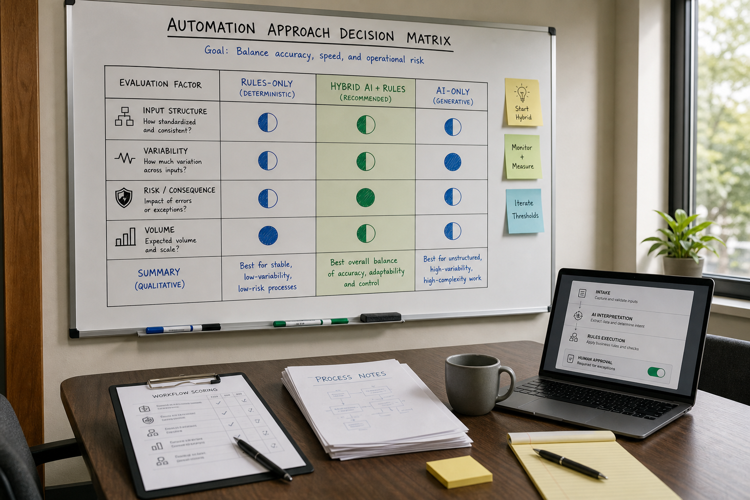 Operations manager comparing AI automation vs traditional automation using a workflow map and laptop flow diagram in a small business setting.
