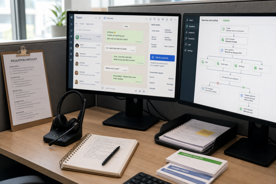 Small business team planning WhatsApp Business Automation workflows with a routing and human handoff map