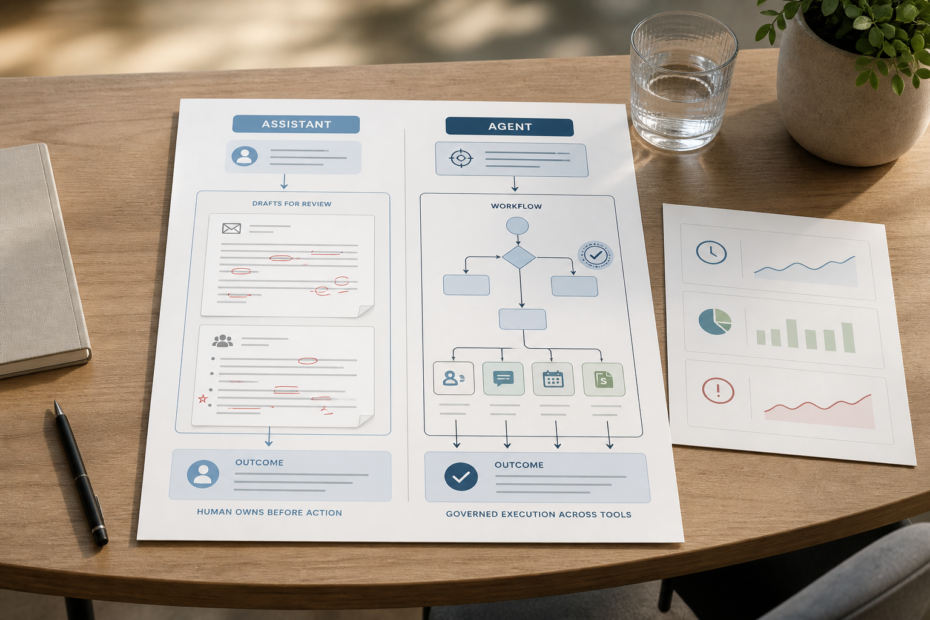 Small business operations manager comparing a manual workflow map with an AI automation workflow to illustrate AI agents vs AI assistants