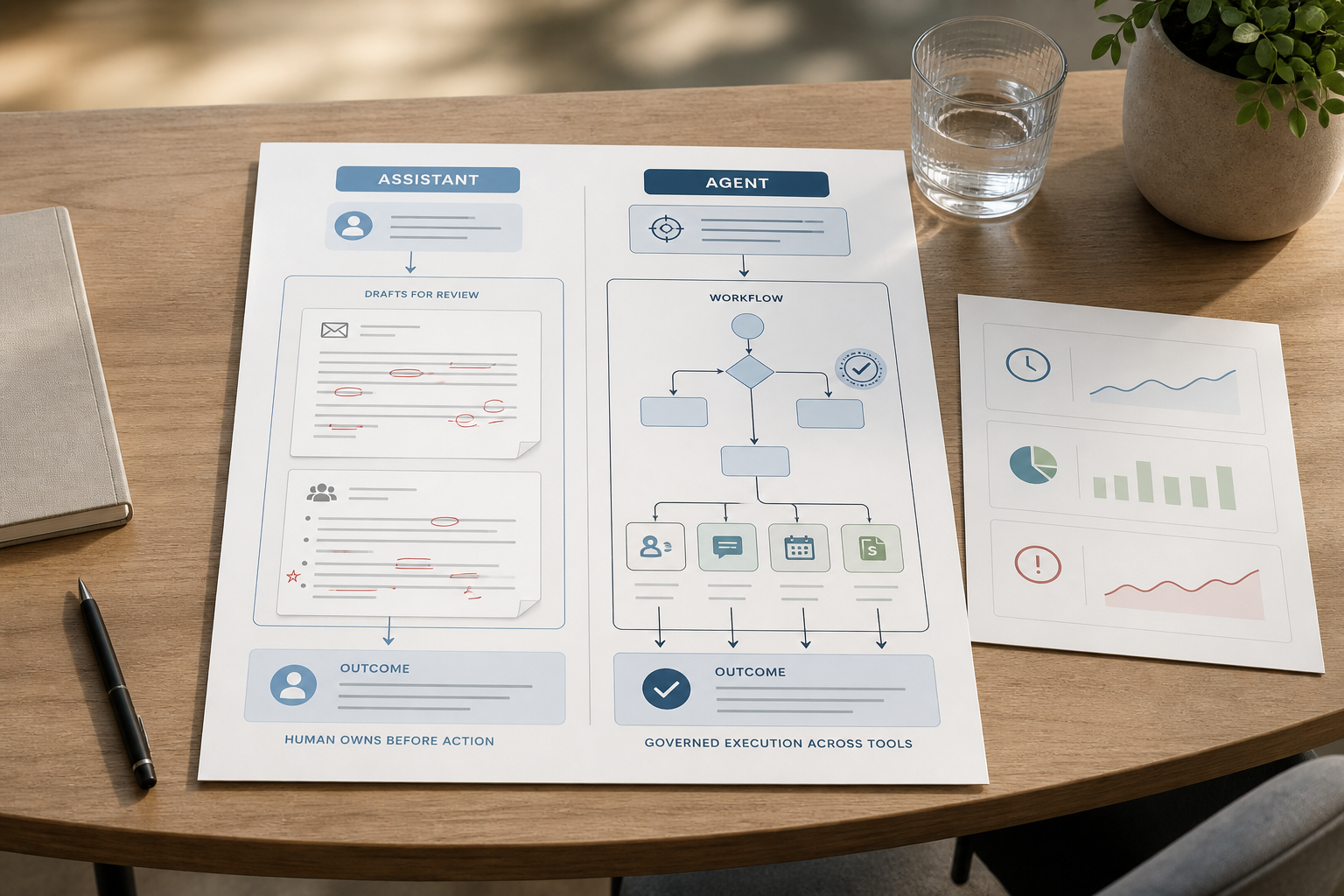 Small business operations manager comparing a manual workflow map with an AI automation workflow to illustrate AI agents vs AI assistants