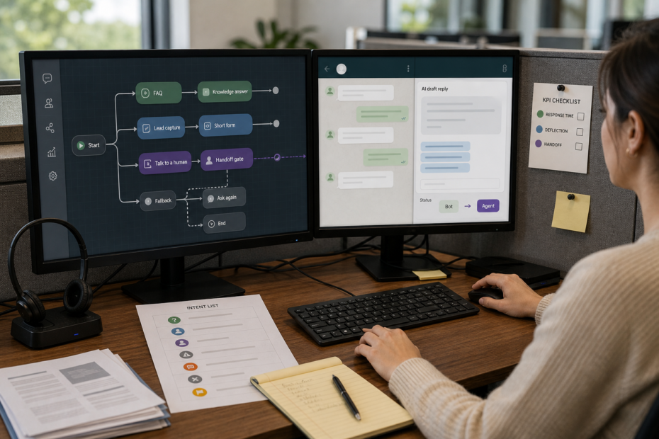 Small business team reviewing a WhatsApp AI chatbot workflow in Botpress before launching WhatsApp automation.