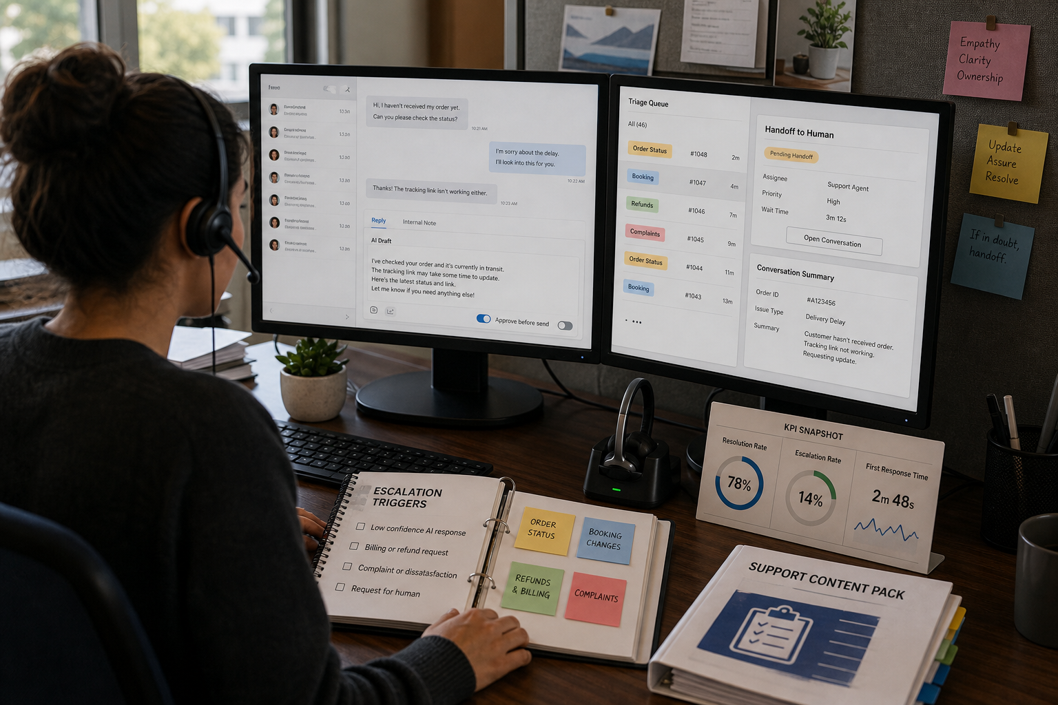 Support lead reviewing a WhatsApp customer support AI chatbot handoff queue and escalation workflow on a desktop screen
