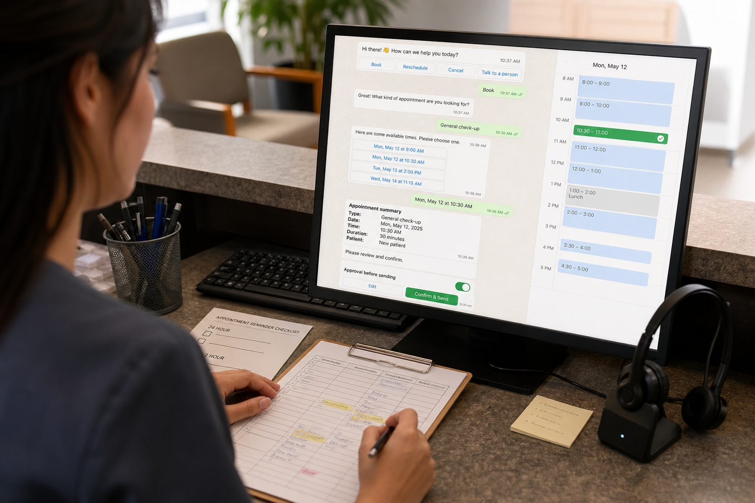 Clinic receptionist using WhatsApp appointment booking automation with a synced appointment calendar and time-slot selection on a smartphone