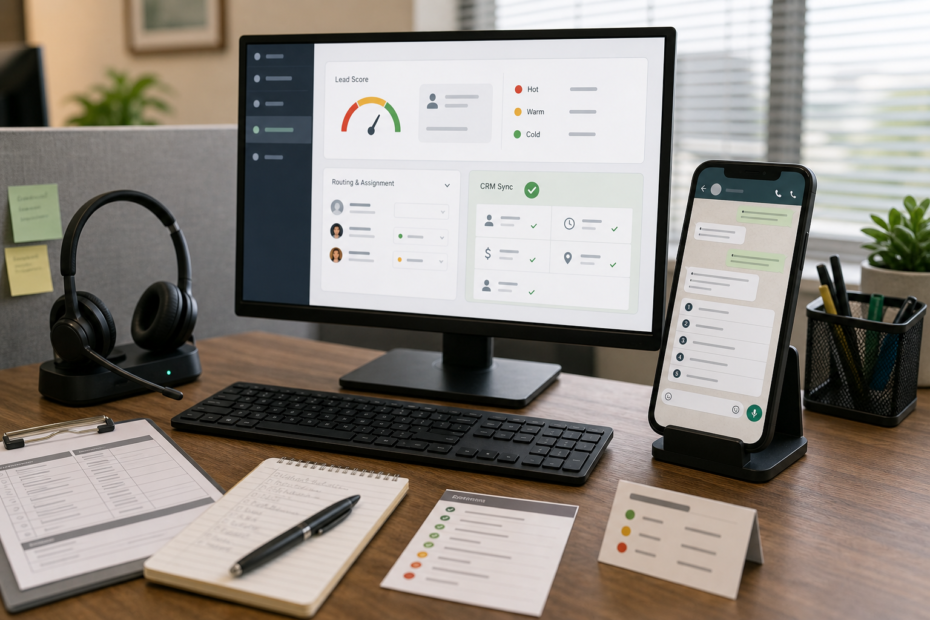 Small business team building a WhatsApp lead generation funnel with AI qualification and CRM handoff workflow on tablet and laptop