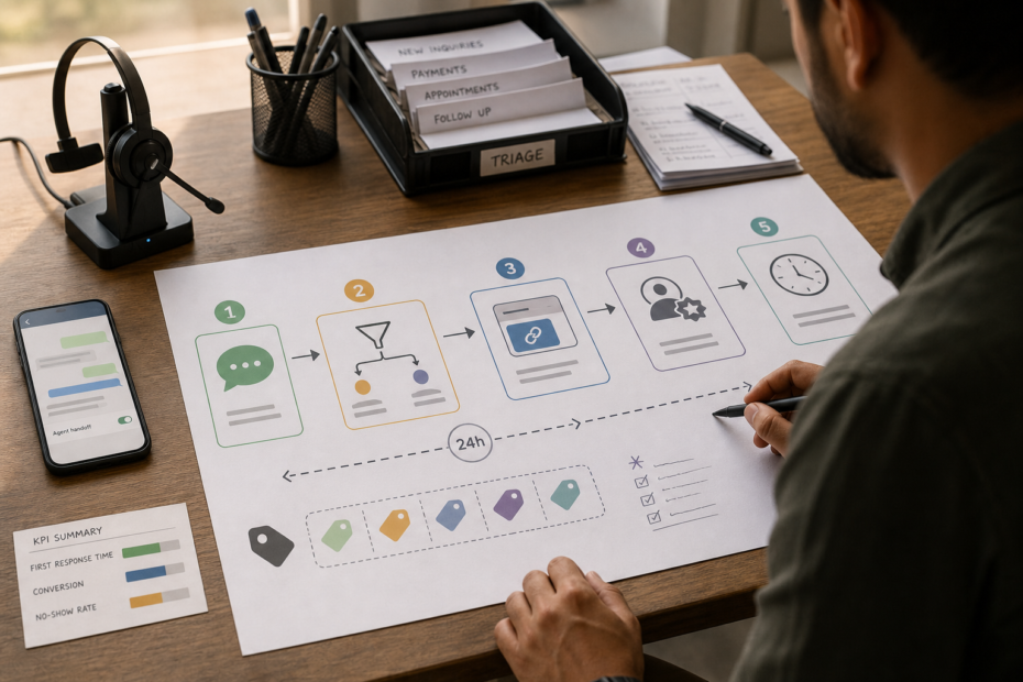 Small business owner prioritizing WhatsApp automation workflows on a wall board while viewing a WhatsApp quick-reply chat on a tablet