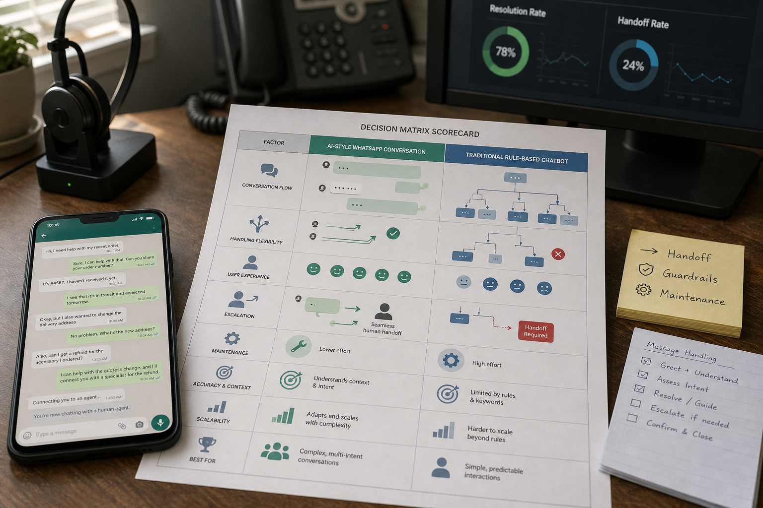 Support manager comparing WhatsApp AI vs traditional chatbot conversation flows for a small business WhatsApp automation decision