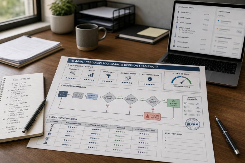 AI agents for small business: small business owner and operations manager reviewing a decision board comparing AI agents, automation, and human review for a workflow