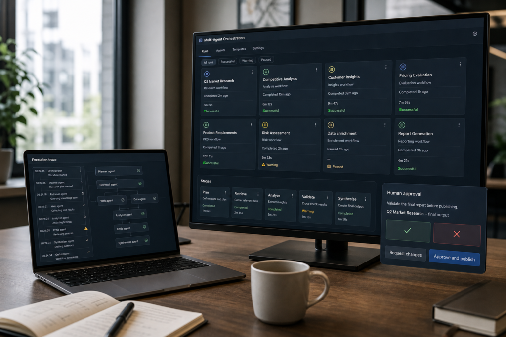 Enterprise architect and developer reviewing a multi-agent orchestration decision between AutoGen and Microsoft Agent Framework with observability traces