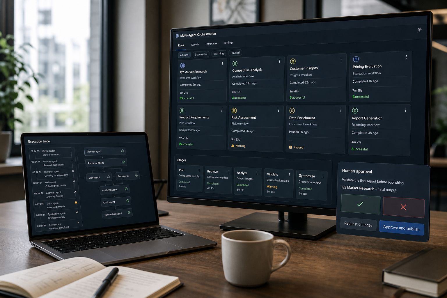 Enterprise architect and developer reviewing a multi-agent orchestration decision between AutoGen and Microsoft Agent Framework with observability traces