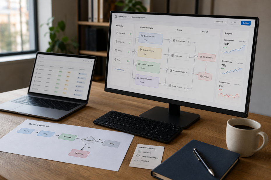 Operations team reviewing a business workflow map next to an AI agent builder interface for a Microsoft Copilot Studio evaluation.
