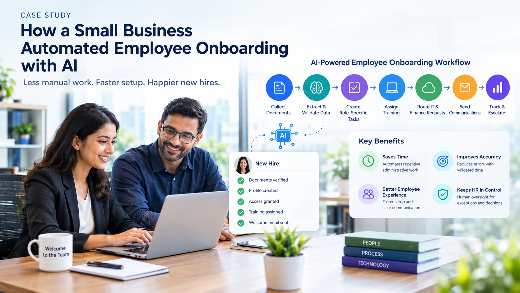 Employee onboarding automation workflow showing AI-powered document collection, data validation, task assignment, training, IT and Finance requests, communications, and tracking.