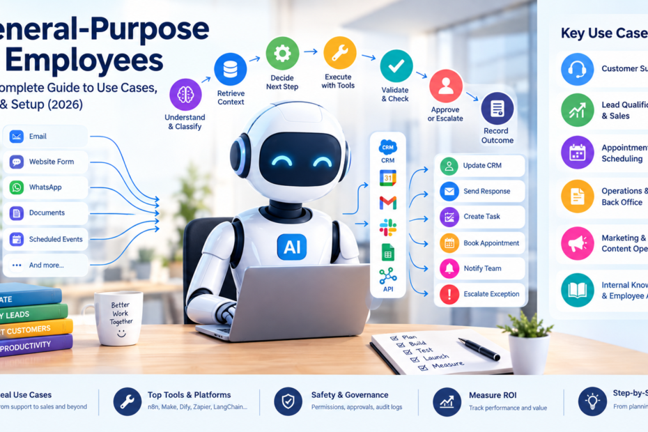 General-purpose AI employee architecture showing business triggers, AI reasoning, connected tools, validation, human approval, and outcome logging.