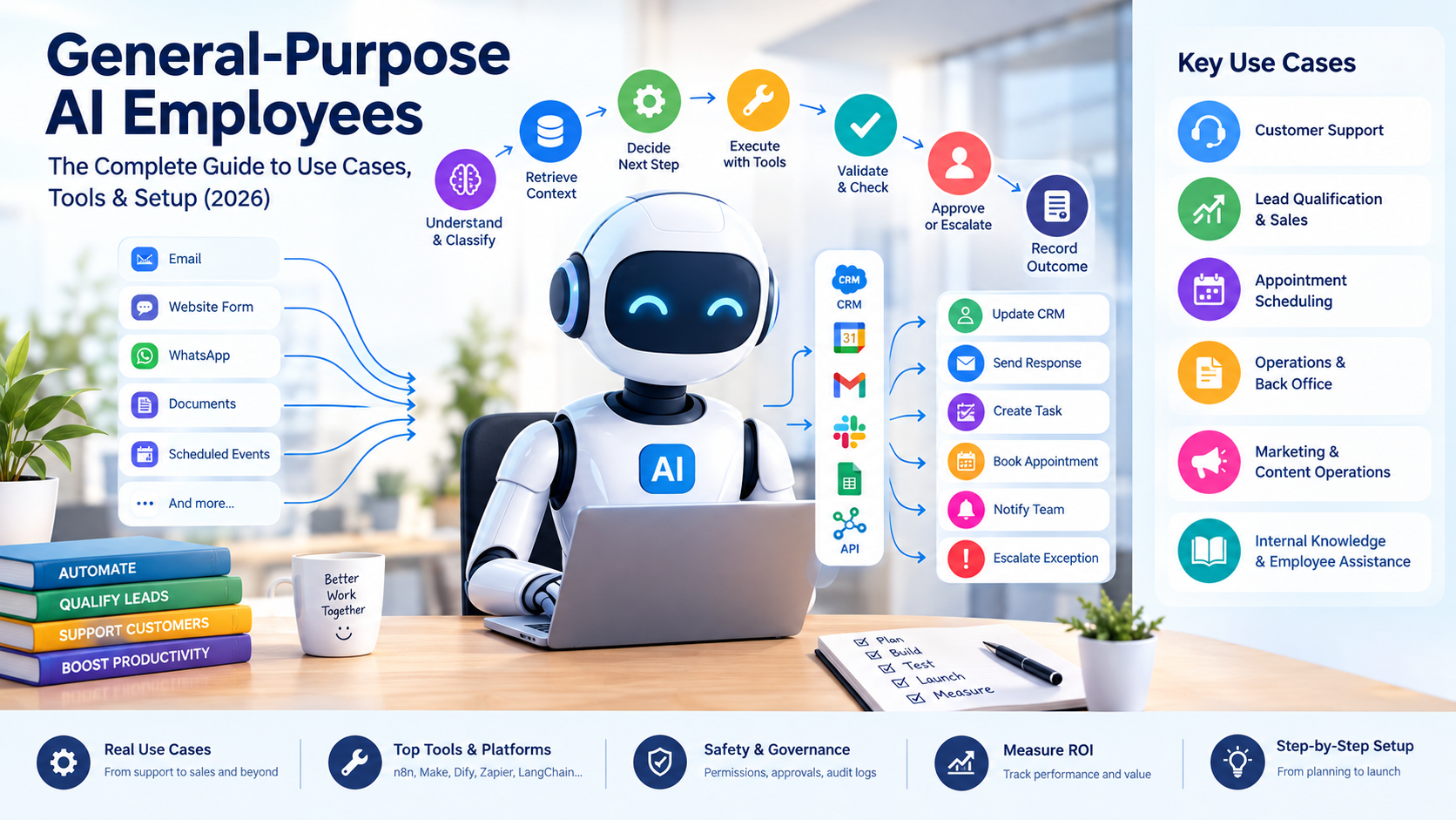 General-purpose AI employee architecture showing business triggers, AI reasoning, connected tools, validation, human approval, and outcome logging.